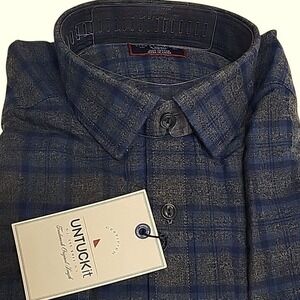 UNTUCKit Macari Men's XS Slim Fit Blue Plaid Flannel Long Sleeve Button Up Shirt